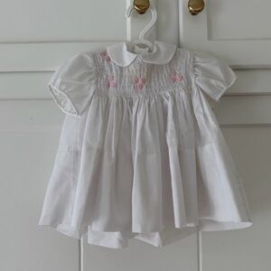 Vintage White Smocked Baby Dress with Pink Floral Embroidery
